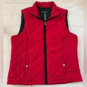 Lauren Ralph Lauren Womens Red Quilted Puffer Vest Size L Full Zip Equestrian